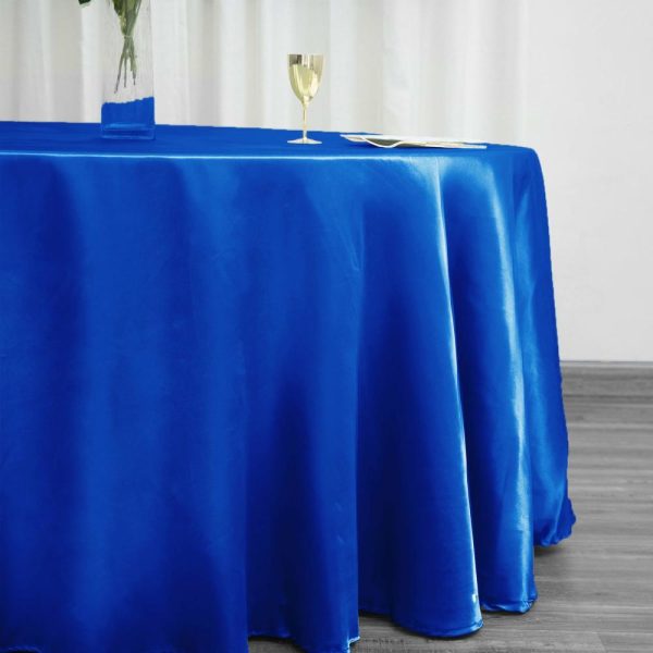 Satin |  120″ Royal Blue Seamless Satin Round Tablecloth for 5 Foot Table With Floor-Length Drop