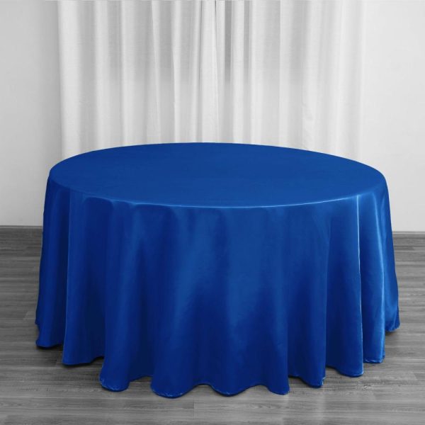 Satin |  120″ Royal Blue Seamless Satin Round Tablecloth for 5 Foot Table With Floor-Length Drop