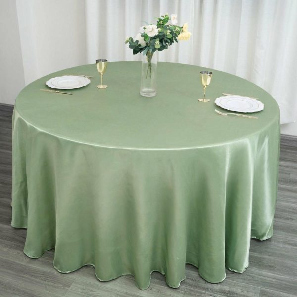 Satin |  120″ Sage Green Seamless Satin Round Tablecloth for 5 Foot Table With Floor-Length Drop