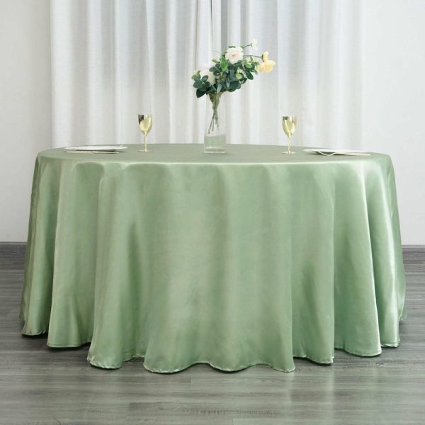 Satin |  120″ Sage Green Seamless Satin Round Tablecloth for 5 Foot Table With Floor-Length Drop