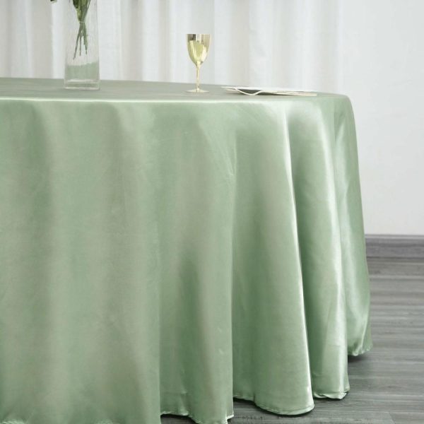 Satin |  120″ Sage Green Seamless Satin Round Tablecloth for 5 Foot Table With Floor-Length Drop