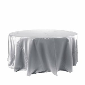 Satin |  120″ Silver Seamless Satin Round Tablecloth for 5 Foot Table With Floor-Length Drop