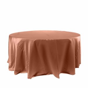 Satin |  120″ Terracotta (Rust) Seamless Satin Round Tablecloth for 5 Foot Table With Floor-Length Drop