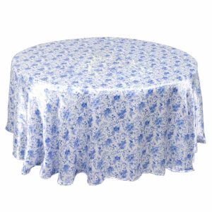 Satin |  120″ White Blue Seamless Satin Round Tablecloth in French Toile Floral Pattern, Wrinkle Resistant Tablecloth for 5 Foot Table With Floor-Length Drop