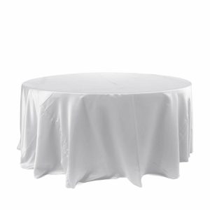 Satin |  120″ White Seamless Satin Round Tablecloth for 5 Foot Table With Floor-Length Drop