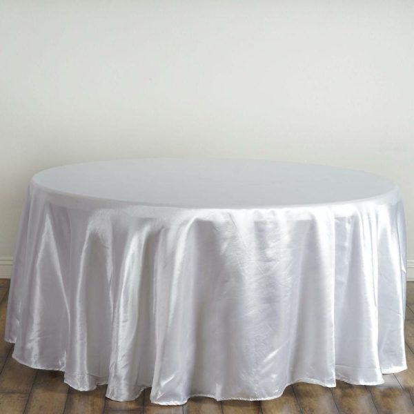 Satin |  120″ White Seamless Satin Round Tablecloth for 5 Foot Table With Floor-Length Drop