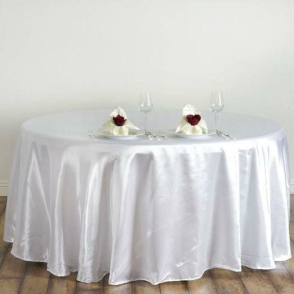 Satin |  120″ White Seamless Satin Round Tablecloth for 5 Foot Table With Floor-Length Drop