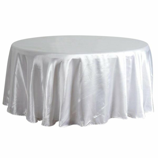 Satin |  120″ White Seamless Satin Round Tablecloth for 5 Foot Table With Floor-Length Drop