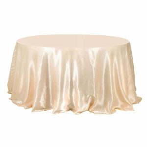 Satin |  132″ Beige Seamless Satin Round Tablecloth for 6 Foot Table With Floor-Length Drop