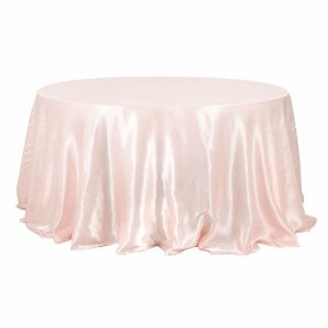 Satin |  132″ Blush Seamless Satin Round Tablecloth for 6 Foot Table With Floor-Length Drop