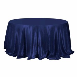 Satin |  132″ Navy Blue Seamless Satin Round Tablecloth for 6 Foot Table With Floor-Length Drop