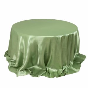 Satin |  132″ Sage Green Seamless Satin Round Tablecloth for 6 Foot Table With Floor-Length Drop