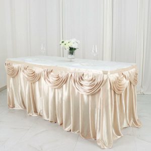 Satin |  14ft Beige Pleated Satin Double Drape Table Skirt