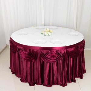 Satin |  14ft Burgundy Pleated Satin Double Drape Table Skirt