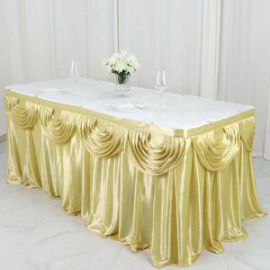 Satin |  14ft Champagne Pleated Satin Double Drape Table Skirt