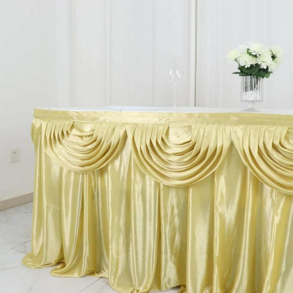 Satin |  14ft Champagne Pleated Satin Double Drape Table Skirt