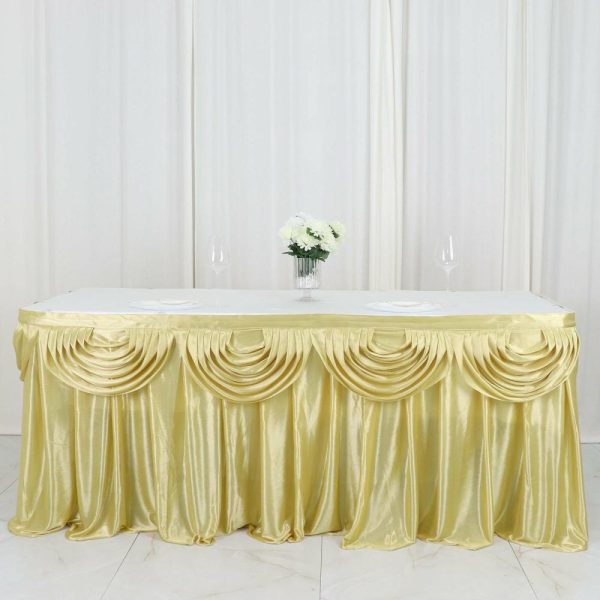 Satin |  14ft Champagne Pleated Satin Double Drape Table Skirt