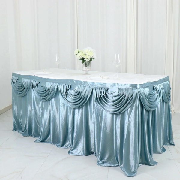 Satin |  14ft Dusty Blue Pleated Satin Double Drape Table Skirt