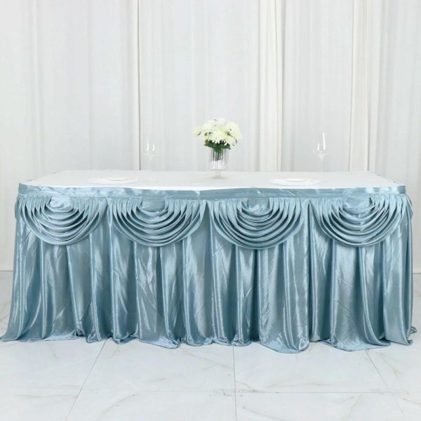 Satin |  14ft Dusty Blue Pleated Satin Double Drape Table Skirt