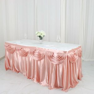 Satin |  14ft Dusty Rose Pleated Satin Double Drape Table Skirt