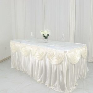 Satin |  14ft Ivory Pleated Satin Double Drape Table Skirt