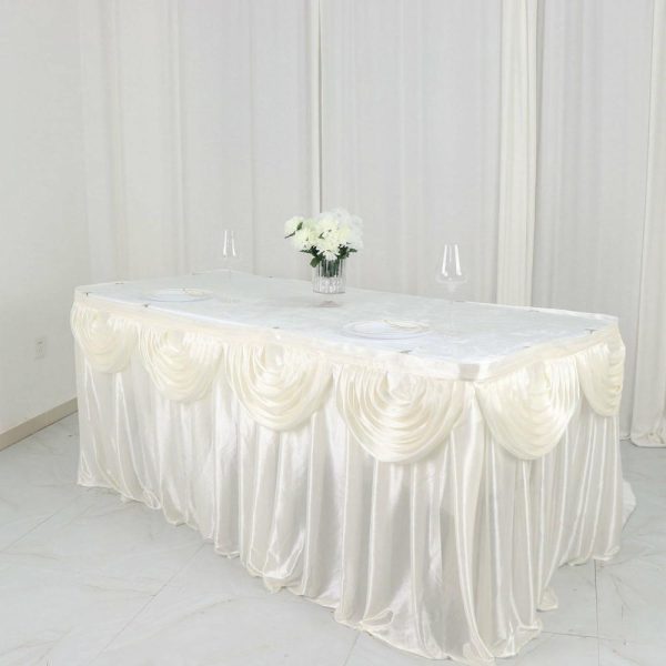 Satin |  14ft Ivory Pleated Satin Double Drape Table Skirt