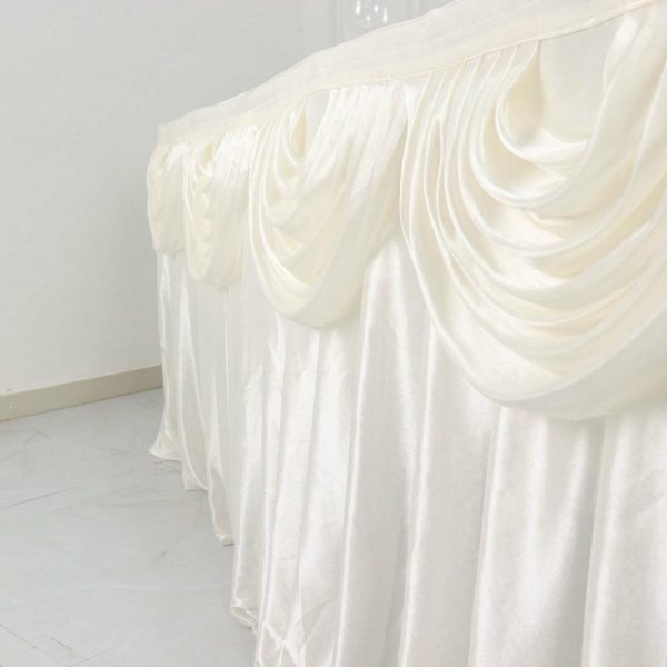 Satin |  14ft Ivory Pleated Satin Double Drape Table Skirt