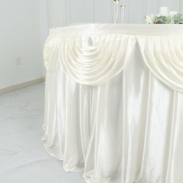 Satin |  14ft Ivory Pleated Satin Double Drape Table Skirt