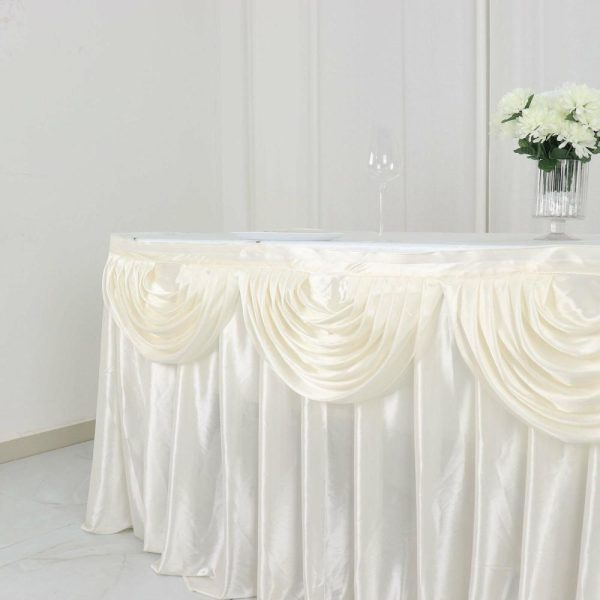 Satin |  14ft Ivory Pleated Satin Double Drape Table Skirt