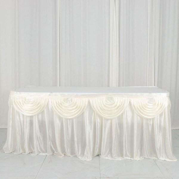 Satin |  14ft Ivory Pleated Satin Double Drape Table Skirt