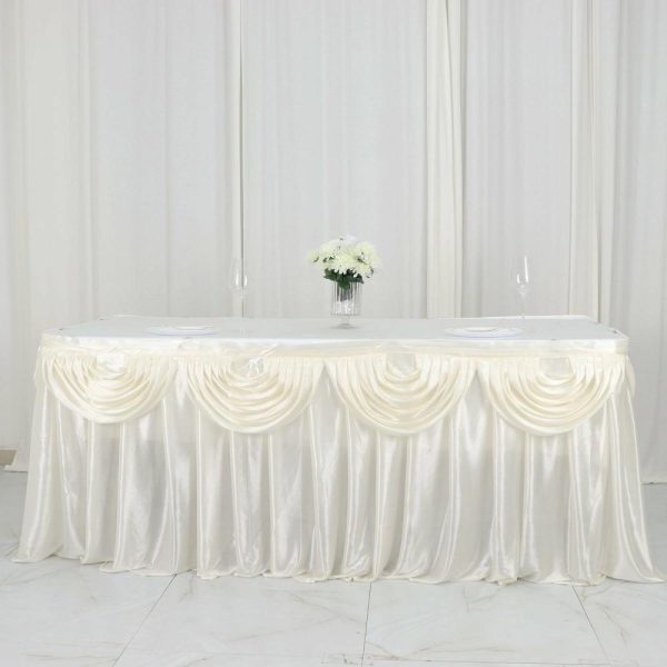 Satin |  14ft Ivory Pleated Satin Double Drape Table Skirt