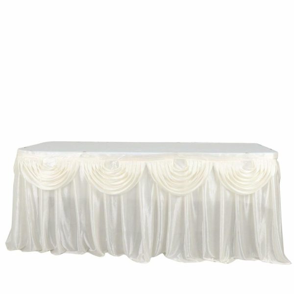 Satin |  14ft Ivory Pleated Satin Double Drape Table Skirt