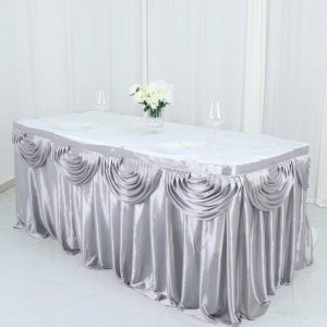 Satin |  14ft Silver Pleated Satin Double Drape Table Skirt