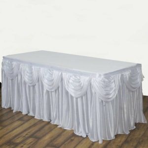 Satin |  14ft White Pleated Satin Double Drape Table Skirt