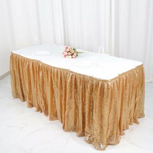 Satin |  17ft Glitzy Gold Sequin Pleated Satin Table Skirt With Top Velcro Strip