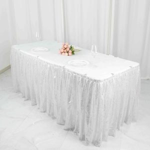 Satin |  17ft Glitzy Silver Sequin Pleated Satin Table Skirt With Top Velcro Strip