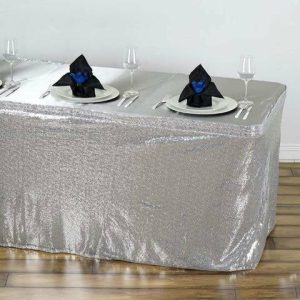 Satin |  17ft Silver Glitzy Sequin Table Skirts