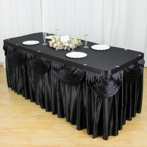 Satin |  21ft Black Pleated Satin Double Drape Table Skirt