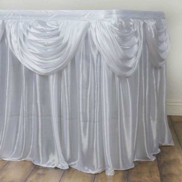 Satin |  21ft White Pleated Satin Double Drape Table Skirt