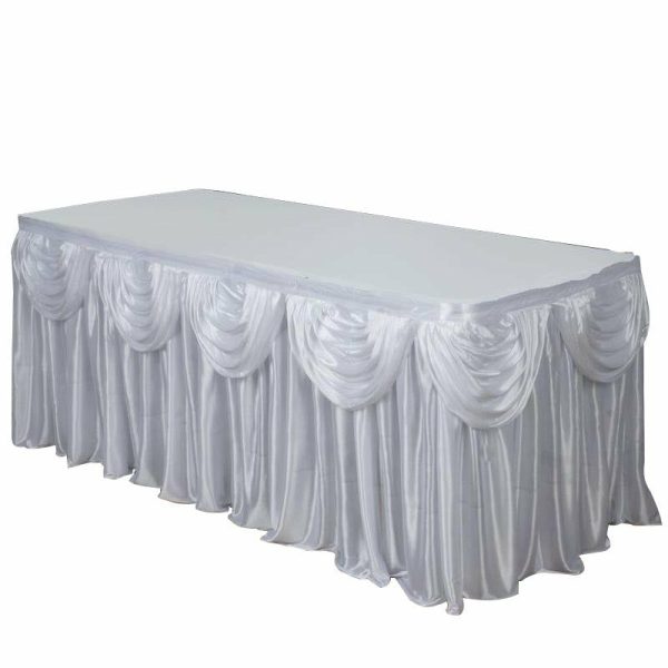 Satin |  21ft White Pleated Satin Double Drape Table Skirt