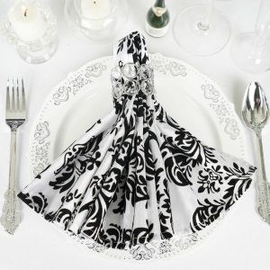 Satin  |  5 Pack Black White Damask Flocking Cloth Dinner Napkins, Reusable Linen 20″x20”