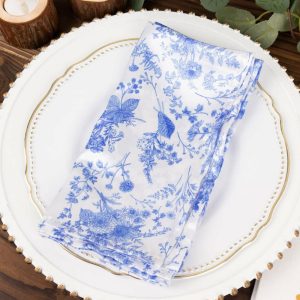 Satin  |  5 Pack White Blue Satin Cloth Dinner Napkins in French Toile Floral Pattern, Wrinkle Resistant Table Napkins – 20″x20″