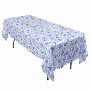 Satin |  60″x102″ White Blue Seamless Satin Rectangular Tablecloth in French Toile Floral Pattern, Wrinkle Resistant Tablecloth