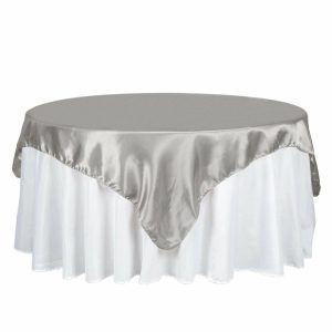 Satin |  72″ x 72″ Silver Seamless Satin Square Tablecloth Overlay