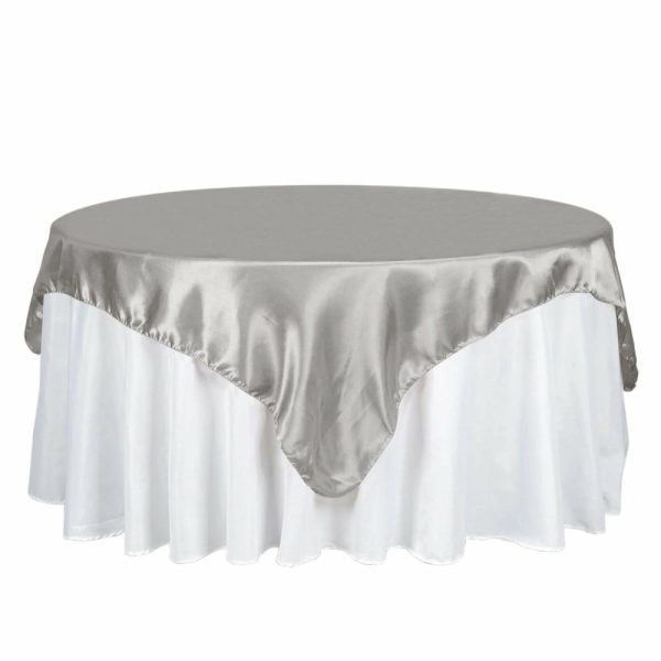 Satin |  72″ x 72″ Silver Seamless Satin Square Tablecloth Overlay