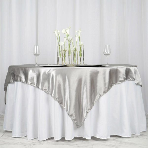 Satin |  72″ x 72″ Silver Seamless Satin Square Tablecloth Overlay