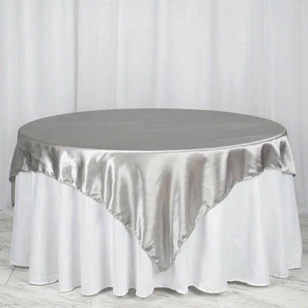 Satin |  72″ x 72″ Silver Seamless Satin Square Tablecloth Overlay