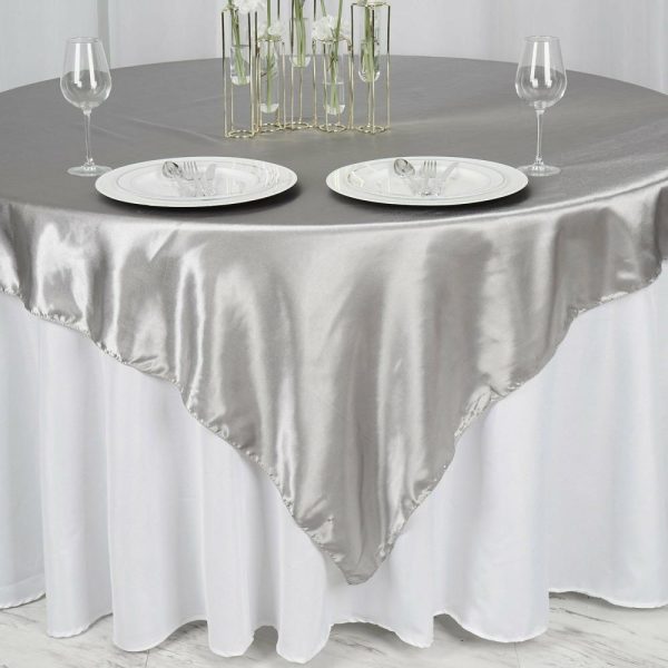 Satin |  72″ x 72″ Silver Seamless Satin Square Tablecloth Overlay