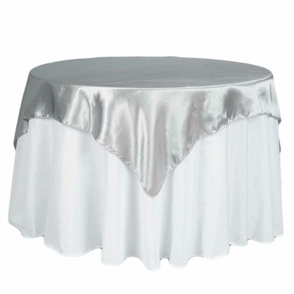 Satin |  72″ x 72″ Silver Seamless Satin Square Tablecloth Overlay