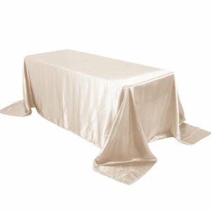 Satin |  90″x132″ Beige Satin Seamless Rectangular Tablecloth for 6 Foot Table With Floor-Length Drop